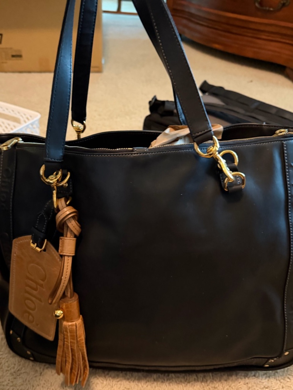 Chloe Black Leather Tote with Tan Tassel Charm